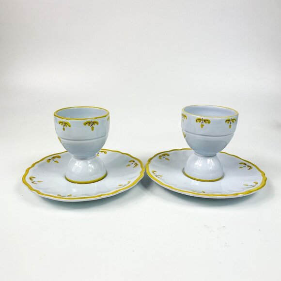 Cantagalli Florence Italy Double Egg Cups With Plates Set Of 2 Ceramic Ivy Vine - Picture 5 of 7